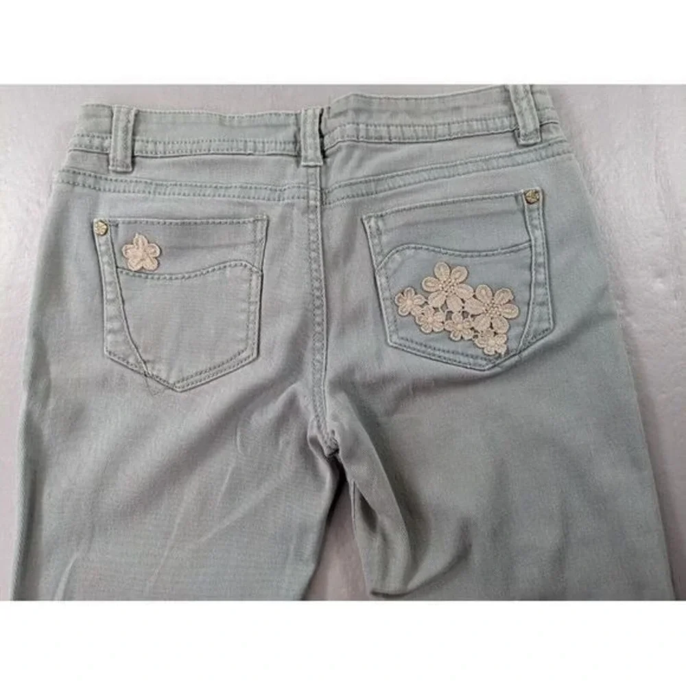 Y2K Hot Kiss Skinny Lily Jeans Womens Sz 7 Light Green Floral Embroider Stretch